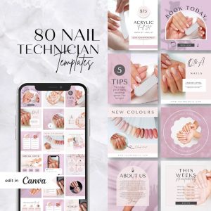 (EN )80 Nail Instagram Social Media Post Templates - Editable Canva Templates
